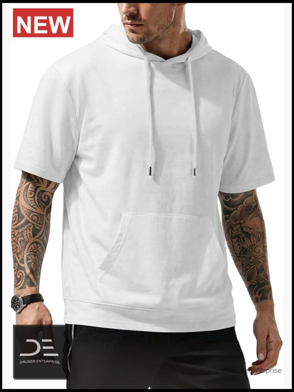 Mens Lightweight Short Sleeve Hoodie Cotton Hooded T-Shirt with Pocket